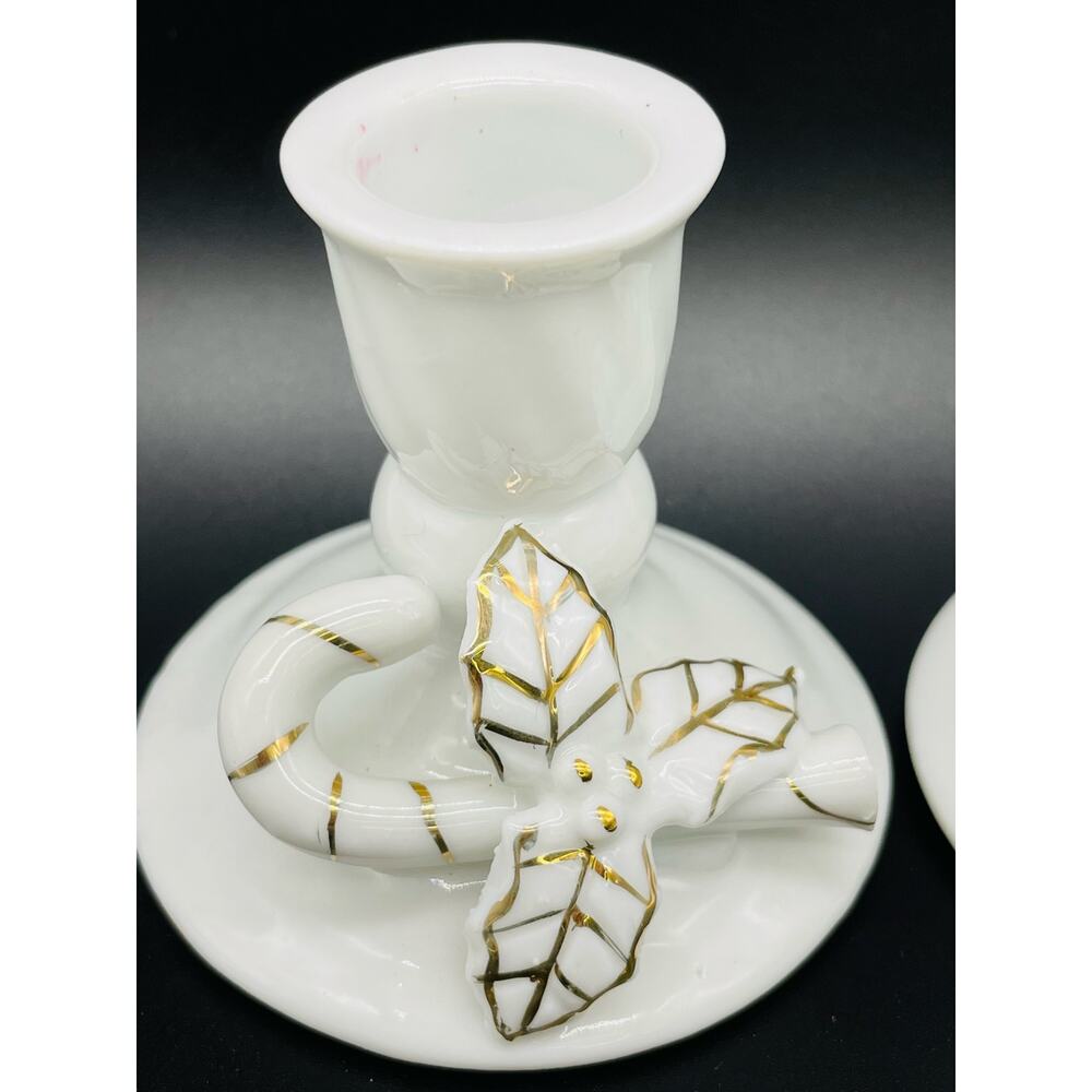 Vintage Porcelain Christmas Pair Candle Holder Holly Berries Candy Cane